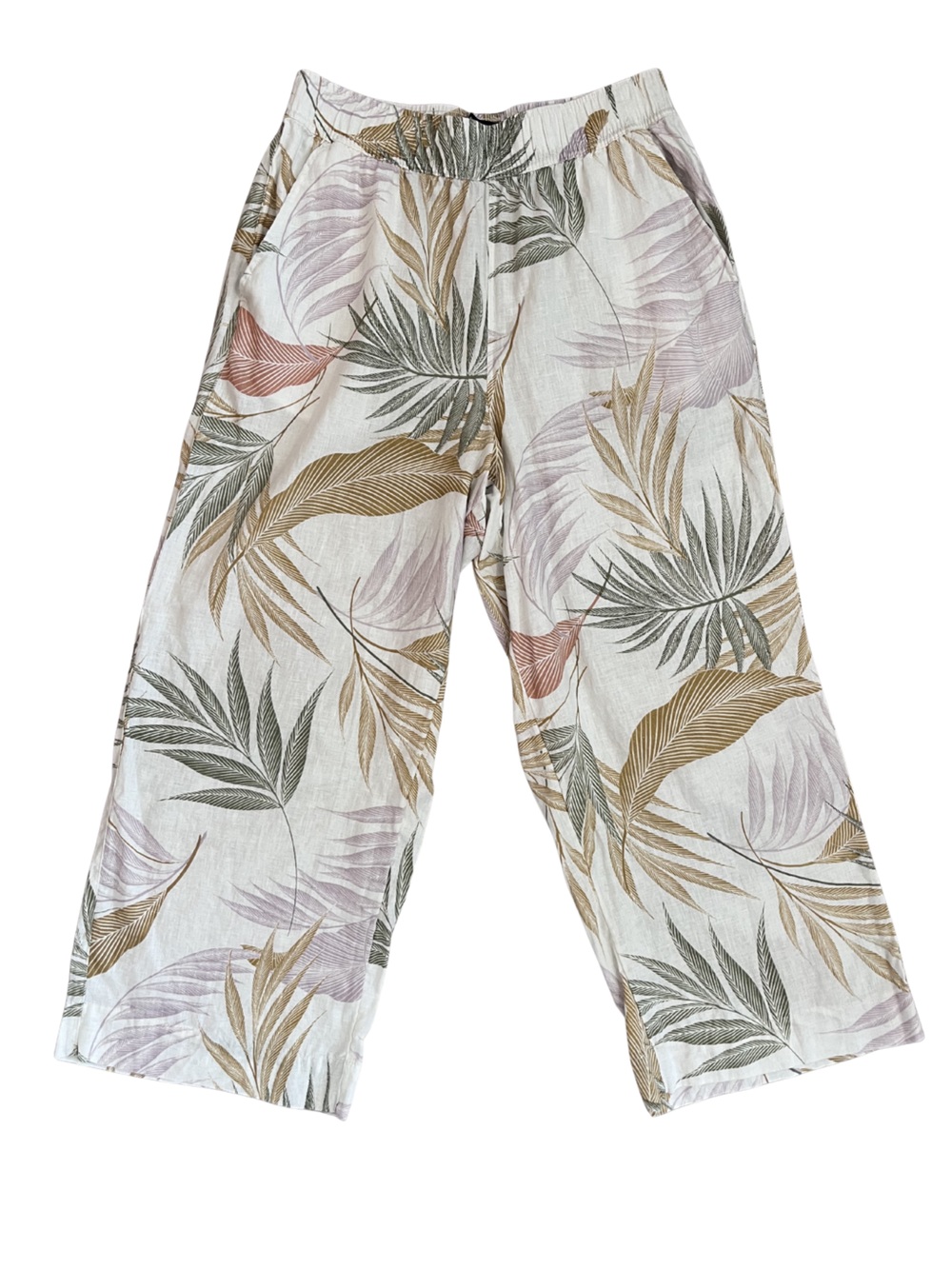 Tahari 100% Linen Wide Leg Pull On Tropical Ankle Pants Boho Casual Beach Breezy